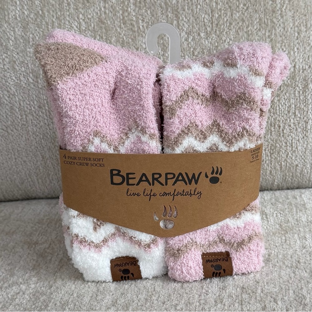 BearPaw Pink, Brown and White Zigzag Cozy Crew Socks, 4pk Sz 9-11